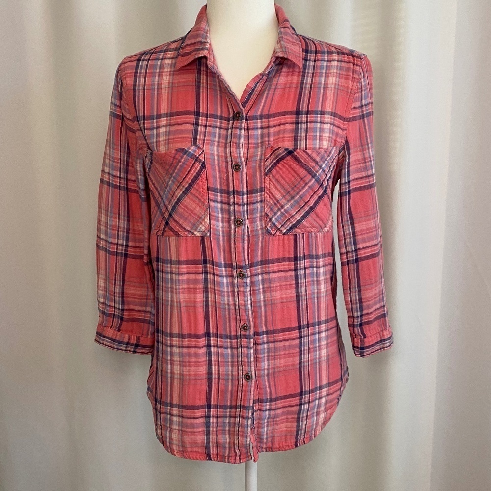 Seven7-Pink Blue‎ Plaid 3/4 Sleeve Shirt- Women's Size Small
